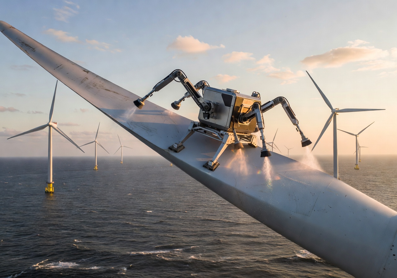 Aerones robotic blade cleaning wind farm operation